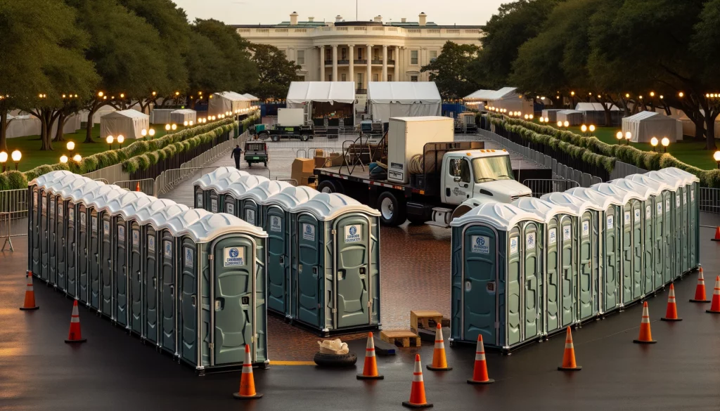 Festival porta potty bank with barricades in New Bern, North Carolina